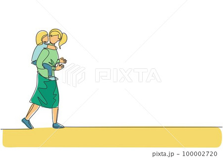 One single line drawing of young mom talking while carrying her sleepy tired daughter on back go to the bed room vector illustration. Happy family parenting concept. Modern continuous line draw design 100002720