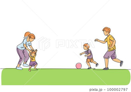 One continuous line drawing of young father playing soccer with son while mother teaching daughter to walk at field. Happy family parenting concept. Dynamic single line draw design vector illustration 100002797