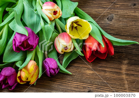 Colorful tulips on wooden table 100003870