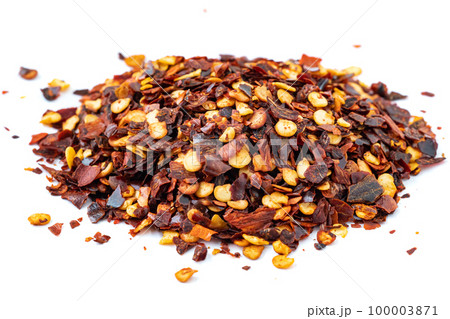 Red Pepper Flakes. Dried chili flakes and seeds isolated on white background 100003871