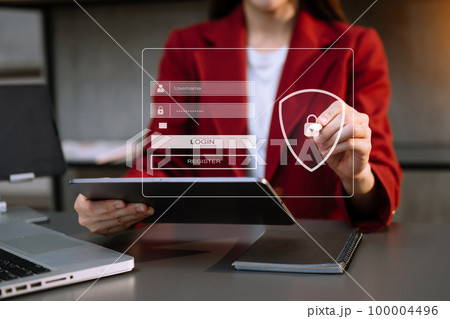 Cyber security concept, Login, User, identification information security and encryption, secure access to user's personal information woman using smart phone and tablet in office Cyber security concept, Login, User, identification information security and encryption, secure access to user's personal information woman using smart phone and tablet in office 100004496