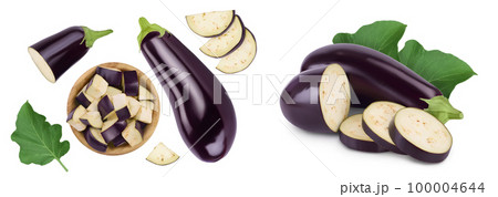 Eggplant or aubergine in wooden bowl isolated on white background. Top view, flat lay 100004644