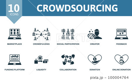 Crowdsourcing set. Creative icons: marketplace, crowdfunding, social participation, creator, feedback, funding platform, liquidity, collaboration, donation, online donation. 100004764