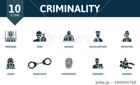 Criminality set. Creative icons: prisoner, thief, hacker, police officer, detective, judge, handcuffs, fingerprint, coroner, murder. Criminality set. Creative icons: prisoner, thief, hacker, police officer, detective, judge, handcuffs, fingerprint, coroner, murder. 100004766