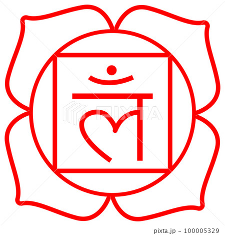 第1チャクラ(ムーラダーラ)のシンボルと梵字、赤色線画 100005329