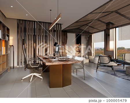 Design office with executive desk and meeting and rest area in eco-style. 100005479