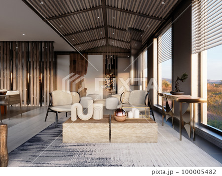 Small meeting room in an office with two wicker chairs and two tables with interior decor. Small meeting room in an office with two wicker chairs and two tables with interior decor. 100005482