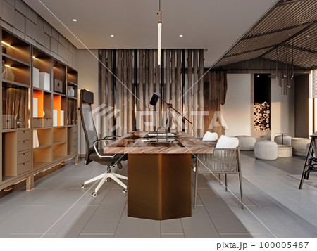 Loft style office with executive desk with two side chairs and a large shelving unit by the wall  100005487