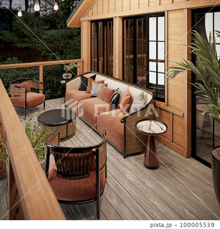 Balcony terrace in a wooden house with upholstered furniture and beautiful green surroundings. 100005539