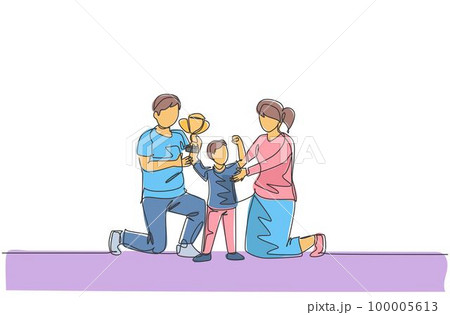 One continuous line drawing of little boy celebrate trophy victory with his mother and father after win competition. Happy family parenting concept. Dynamic single line draw design vector illustration One continuous line drawing of little boy celebrate trophy victory with his mother and father after win competition. Happy family parenting concept. Dynamic single line draw design vector illustration 100005613