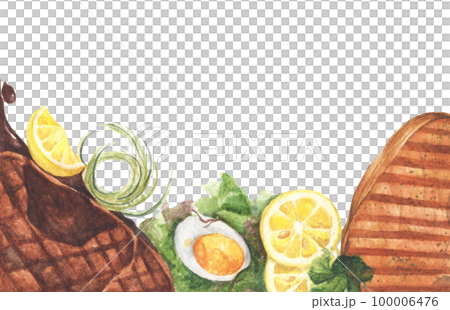 Grilled beef steaks and salad with boiled eggs. Watercolor illustration. Grilled beef steaks and salad with boiled eggs. Watercolor illustration. 100006476