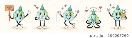 70s trendy retro characters set. Earth Day concept. Vector illustration in a cartoon style 100007260