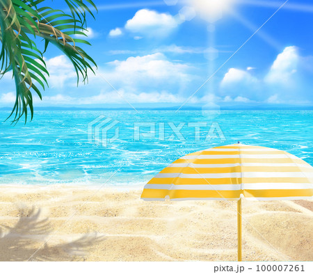 太陽の光差し込む青い空の下、海沿いに縞模様のパラソルとハイビスカスの咲く夏のおしゃれフレーム背景素材 100007261