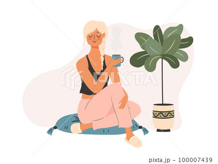 Woman is sitting on the floor and drinking coffee. Self time concept illustration Woman is sitting on the floor and drinking coffee. Self time concept illustration 100007439