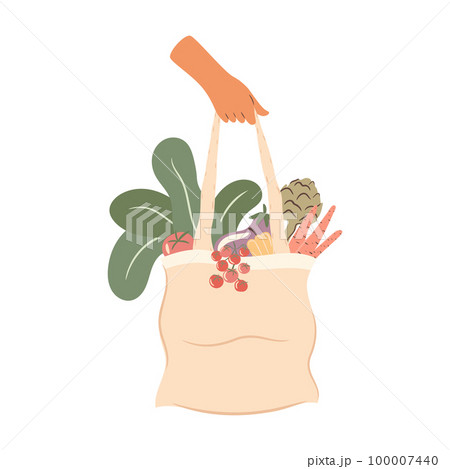 Hand holding grocery bag with vegetables and salad leaves. Plastic-free concept illustration 100007440