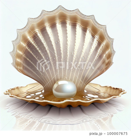 Big beautiful sparkling pearl in a shell, isolated on white close-up	 100007675