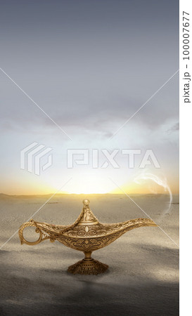 Golden Arabian lamp with white smoke Golden Arabian lamp with white smoke 100007677