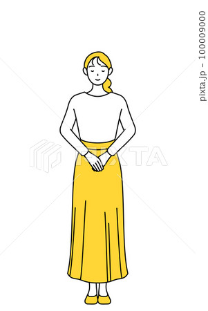 手を組んでお辞儀するカジュアルな格好をした若い女性 100009000