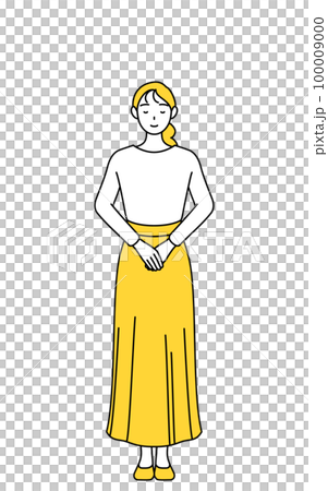 手を組んでお辞儀するカジュアルな格好をした若い女性 100009000