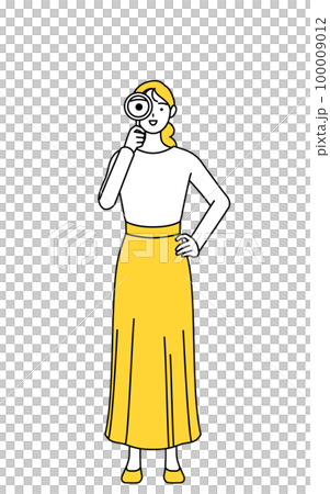 穿著隨意的年輕女子透過放大鏡看 穿著隨意的年輕女子透過放大鏡看 100009012