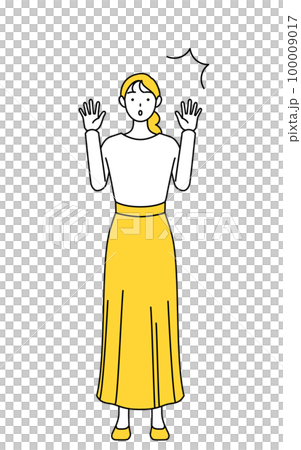 Casual dressed young woman raising her hand in surprise Casual dressed young woman raising her hand in surprise 100009017