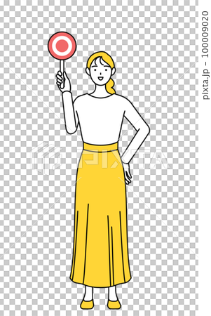 一個穿著隨意的年輕女子拿著一根圓棒顯示正確答案 一個穿著隨意的年輕女子拿著一根圓棒顯示正確答案 100009020
