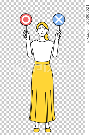正解と不正解を示す棒を持つカジュアルな格好をした若い女性 100009021