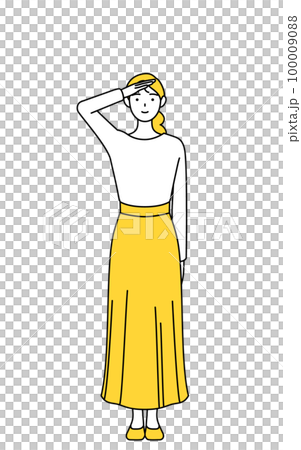最敬礼するカジュアルな格好をした若い女性 最敬礼するカジュアルな格好をした若い女性 100009088