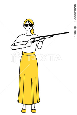 サングラスをかけてライフル銃を持つカジュアルな格好をした若い女性 100009096
