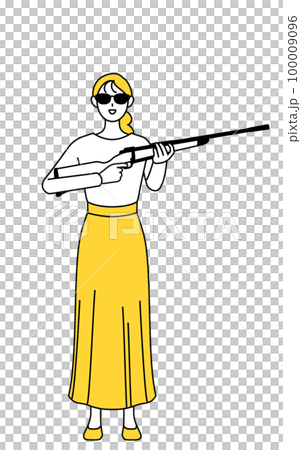 サングラスをかけてライフル銃を持つカジュアルな格好をした若い女性 100009096