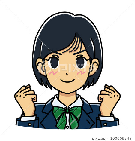 両手でガッツポーズをする女子学生のイラスト(バストアップ) 両手でガッツポーズをする女子学生のイラスト(バストアップ) 100009545