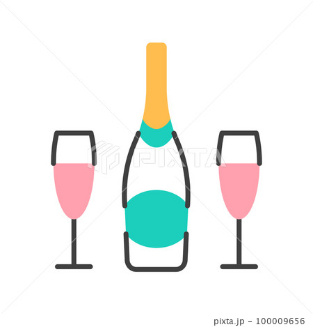 Pink champagne bottle and two glasses flat line icon isolated on white background. Alcoholic beverage with cork sign. Romantic party event minimal symbol logo design Abstract drink illustration 100009656
