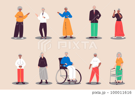 Elderly people set in flat design. Retired women and men standing and walking, grandfather in wheelchair, other. Bundle of diverse multiracial characters. Vector illustration isolated persons for web 100011616