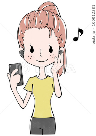 ワイヤレスイヤホンをスマホに繋いで使う女性のイラスト 100012281