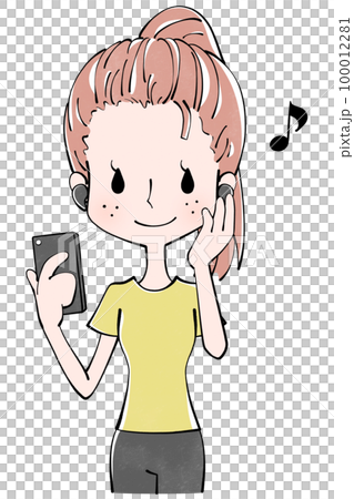 ワイヤレスイヤホンをスマホに繋いで使う女性のイラスト 100012281