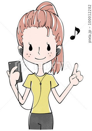 イヤホンをスマホに繋いで使う女性のイラスト 100012282