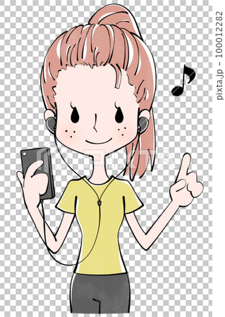 イヤホンをスマホに繋いで使う女性のイラスト 100012282