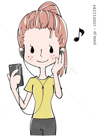 イヤホンをスマホに繋いで使う女性のイラスト 100012284