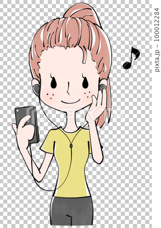 イヤホンをスマホに繋いで使う女性のイラスト 100012284