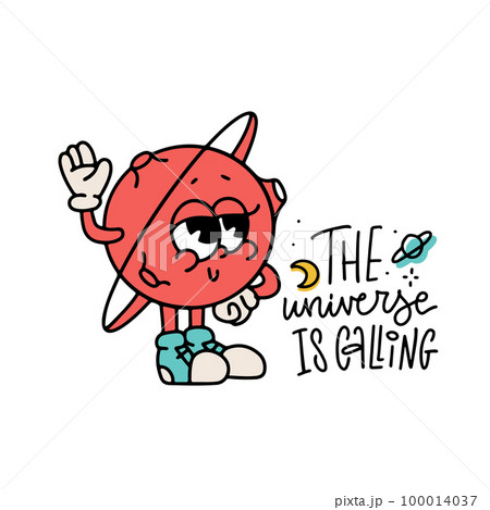 The universe is calling - Retro Poster cartoon character of saturn planet with lineat lettering quote. Graphic Design for T shirt street wear and vintage urban style. Hand drawn vector illustration. 100014037