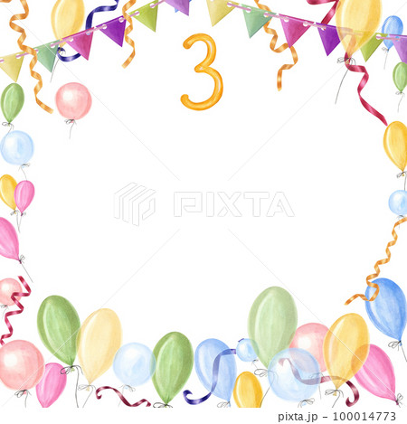 Watercolor card for children's birthdays isolated on white background. Hand painted illustration for template, greeting card, poster, background, postcard for nursery, kids room decor. 100014773