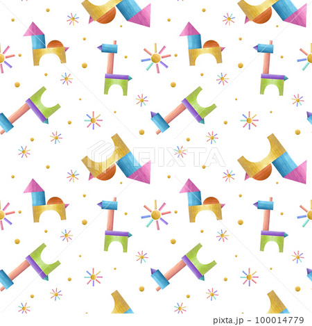 Watercolor seamless pattern of kid wooden toys isolated on white background. Hand painted illustration for children print, poster, wallpaper, wrapping, fabric, textile. 100014779