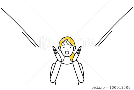 口に手を当てて呼び込みをするカジュアルな格好をした若い女性 100015306