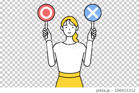 正解と不正解を示す棒を持つカジュアルな格好をした若い女性 100015312