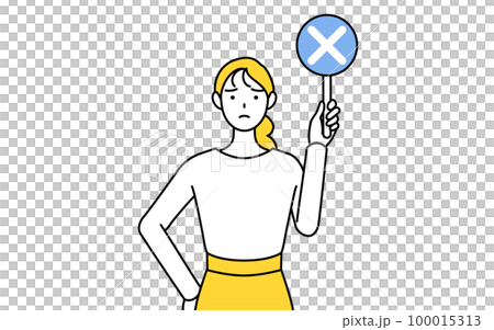不正解を示すバツの棒を持つカジュアルな格好をした若い女性 100015313