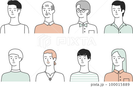 髪型や服装の様々な男性たち【白背景】 100015889