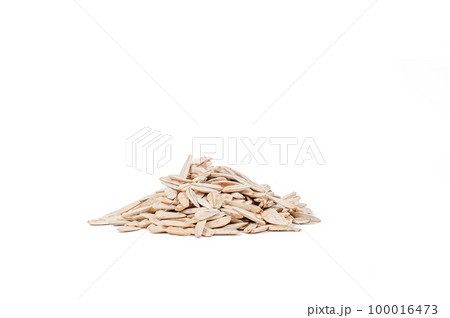 Heap of raw shelled sunflower seeds isolated on white background from above Heap of raw shelled sunflower seeds isolated on white background from above 100016473