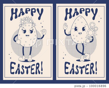 Happy Easter posters collection. Retro trendy groovy cartoon characters easter eggs with flowers. Monochrome palette. Modern vintage cute mascot. Vector illustration. Isolated vertical postcards. 100016896