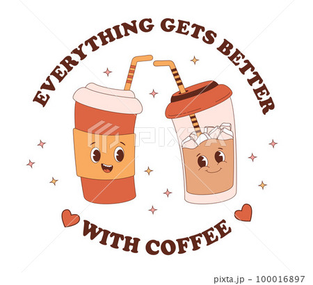 Cute couple retro characters coffee takeaway in paper cup. Cool funny mascot drink to go. Vector illustration for design, postcards, decor, print. 100016897