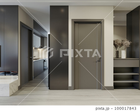 Modern entrance hallway in gray with shoe rack and mirror. Modern entrance hallway in gray with shoe rack and mirror. 100017843